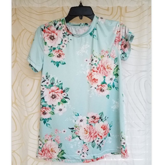 Flower Print Tee Shirt Short Sleeve Chiffon Blouse - Picture 2 of 3